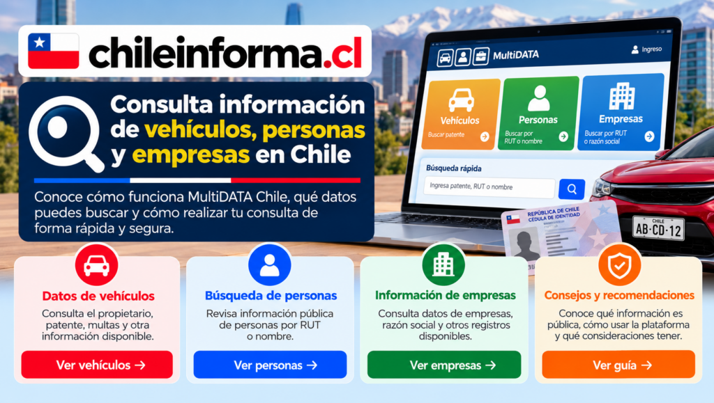 Guía visual de MultiDATA Chile para consultar datos públicos de vehículos, personas y empresas mediante búsquedas por patente, RUT o nombre.