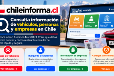 Guía visual de MultiDATA Chile para consultar datos públicos de vehículos, personas y empresas mediante búsquedas por patente, RUT o nombre.