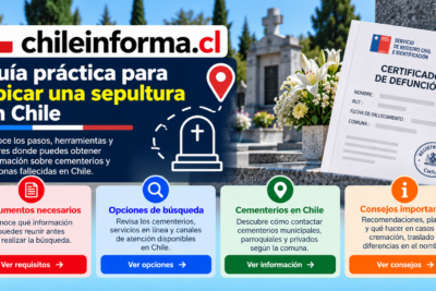 Guía visual para localizar una sepultura en Chile mediante documentos, buscadores de cementerios y canales de atención oficiales.
