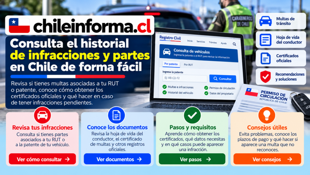 Consulta de infracciones de tránsito en Chile, antecedentes del conductor y certificados oficiales relacionados con vehículos.