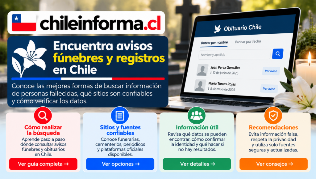 Guía visual para buscar avisos fúnebres y registros de defunción en Chile mediante fuentes confiables.