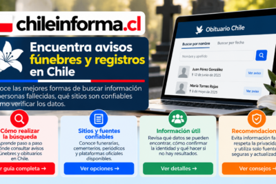 Guía visual para buscar avisos fúnebres y registros de defunción en Chile mediante fuentes confiables.