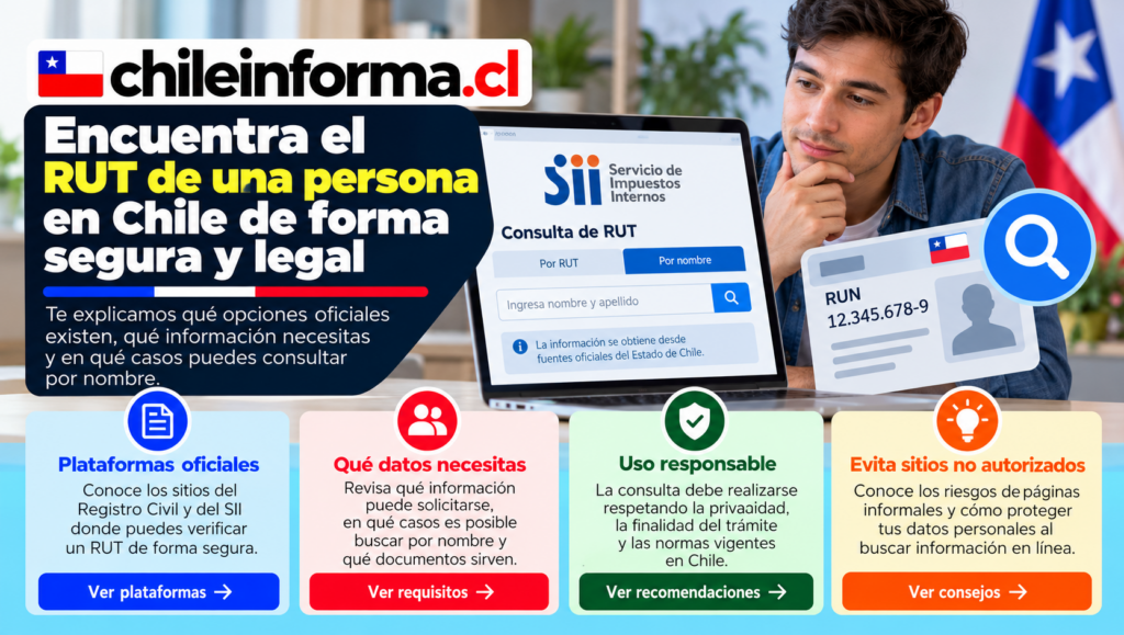 Guía visual para consultar el RUT de una persona en Chile mediante fuentes oficiales y proteger los datos personales