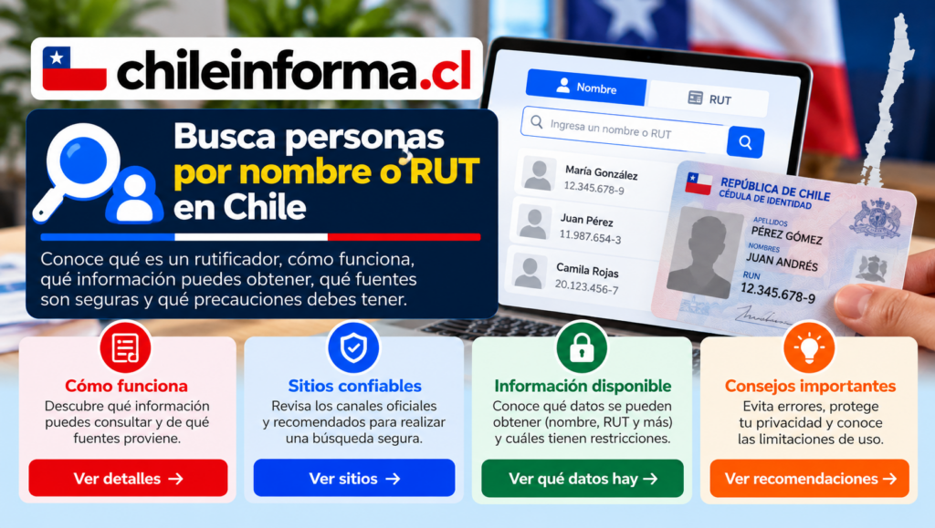 Guía visual para consultar personas en Chile usando nombre o RUT y verificar fuentes confiables respetando la privacidad.