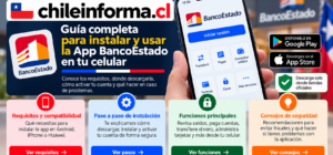 Aplicación BancoEstado en celular con guía de instalación, funciones y consejos de seguridad en Chile.