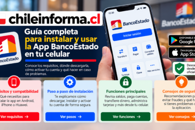 Aplicación BancoEstado en celular con guía de instalación, funciones y consejos de seguridad en Chile.