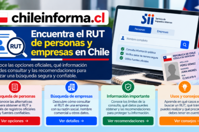 Guía visual para consultar identificadores de personas y empresas en Chile mediante fuentes oficiales y recomendaciones de seguridad.