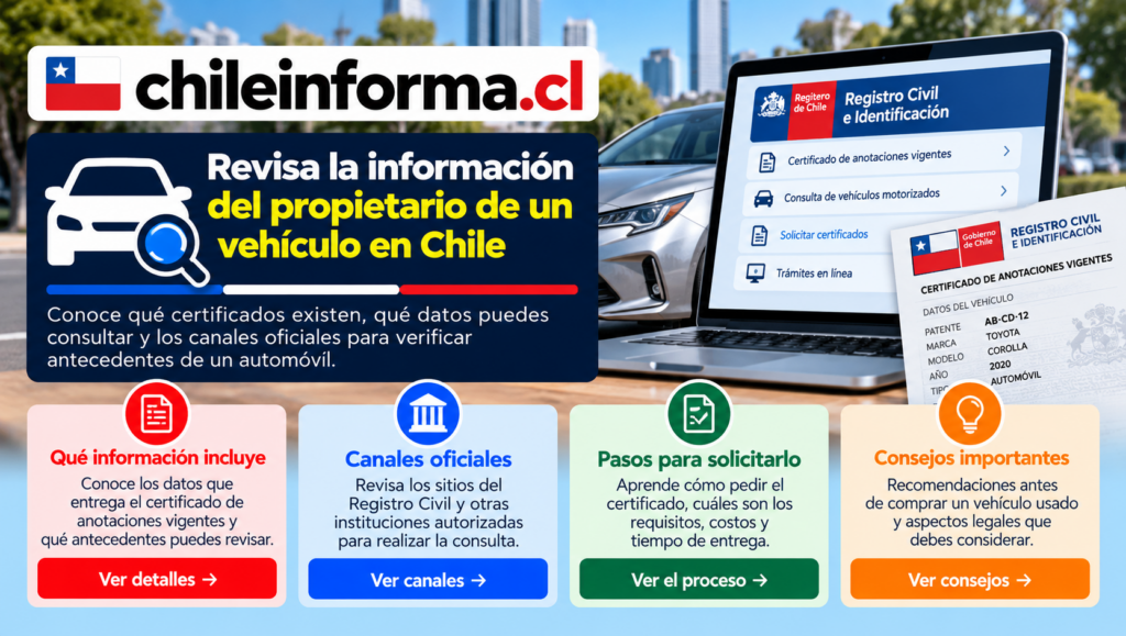 Guía visual para consultar antecedentes de un vehículo, certificados de propiedad y registros oficiales asociados a una patente en Chile.