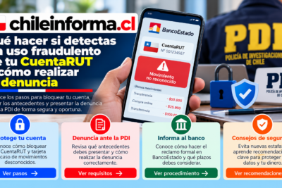 Guía visual para proteger una CuentaRUT ante movimientos no reconocidos y conocer los pasos para realizar una denuncia ante la PDI.